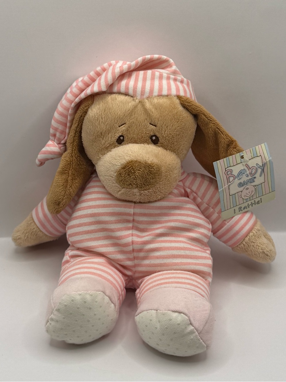 GANZ Baby Rattle Puppy Lovey Plush Pink with Stripes Tylux Stuffed Animal